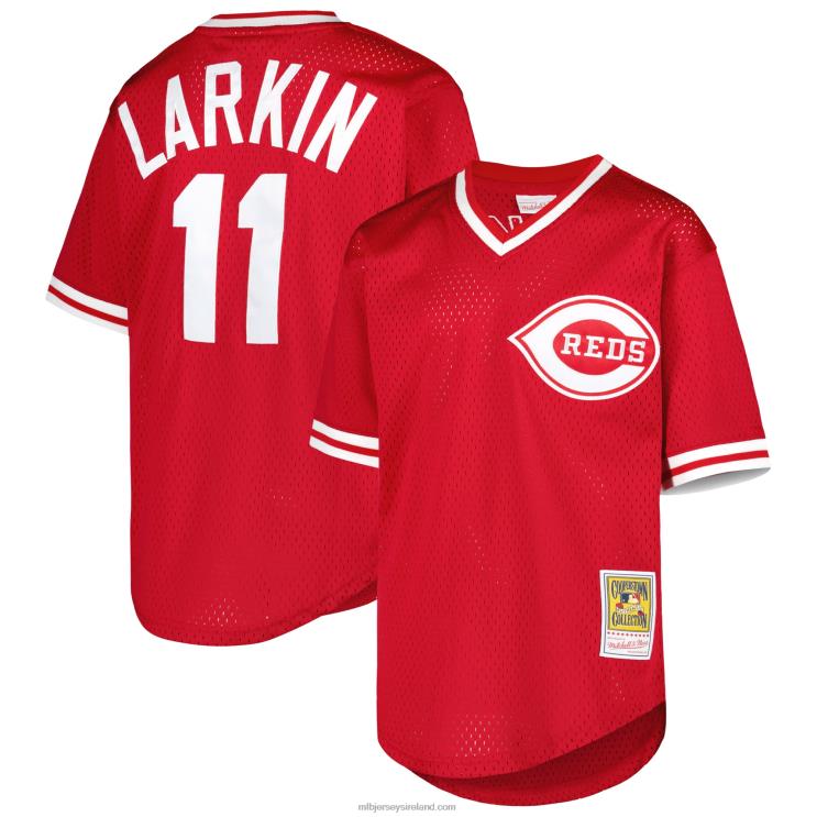 IE MBL Youth Cincinnati s Barry Larkin Mitchell & Ness Cooperstown Collection Mesh Batting Practice Jersey Red R0H2T960